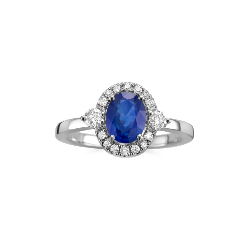 Ring entourage wit goud met saffier en diamant