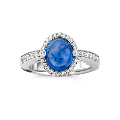 Ring entourage wit goud met Ceylon saffier en diamant