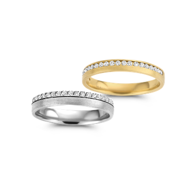 Trouwringen 18kt wit en geelgoud met diamant