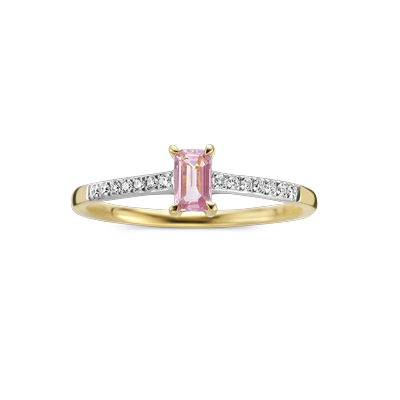 Ring solitaire geel goud met roze saffier en diamant