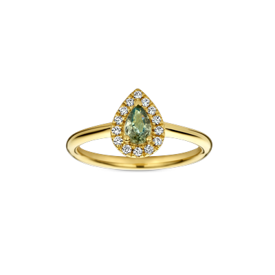 Ring entourage geel goud met groene saffier en diamant