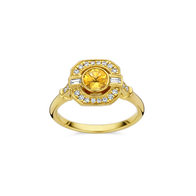 Ring vintage geel goud met citrine en diamant