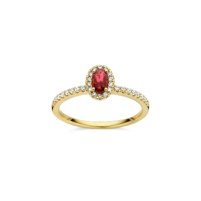 Ring entourage geel goud met robijn en diamant