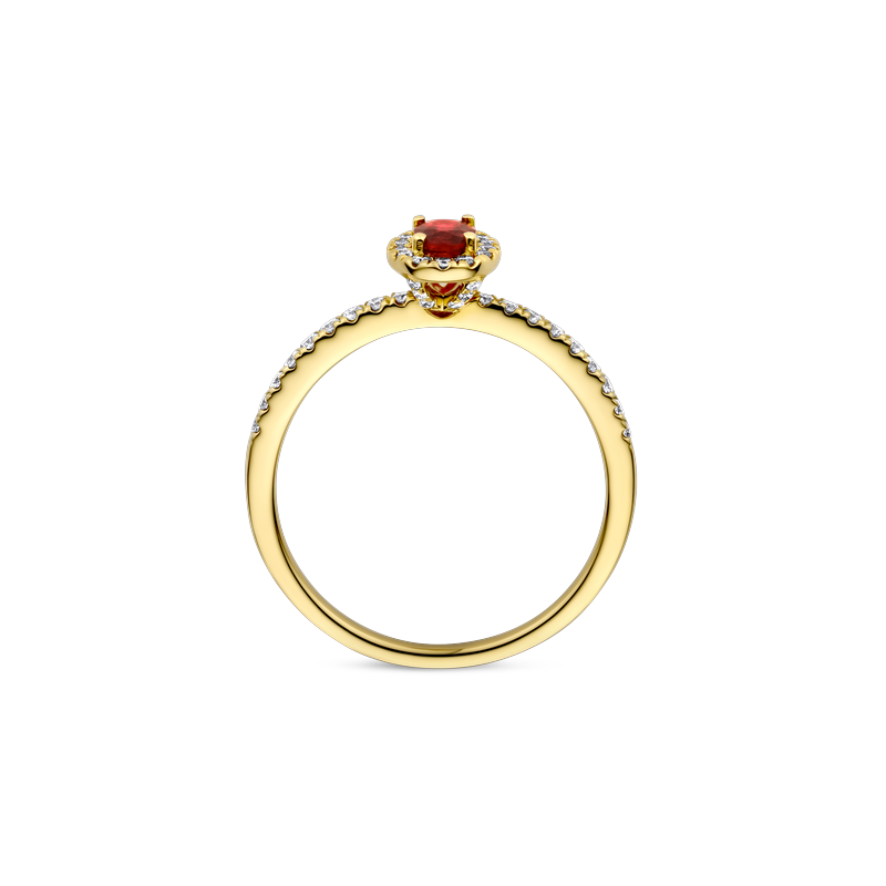 Ring entourage geel goud met robijn en diamant