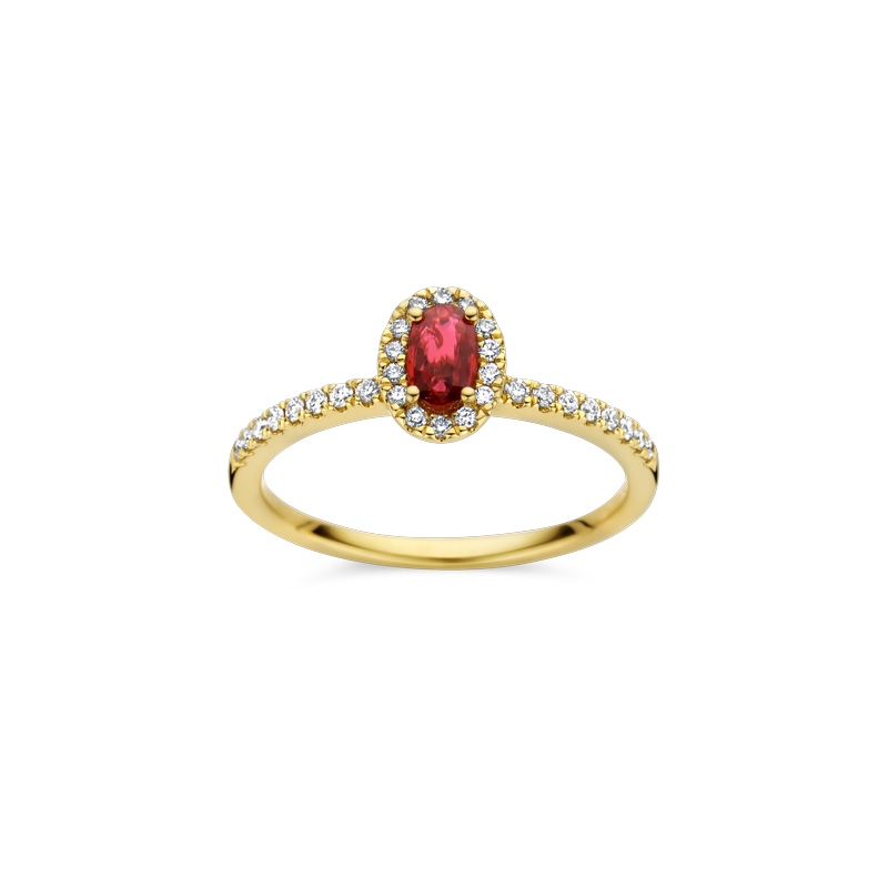 Ring entourage geel goud met robijn en diamant