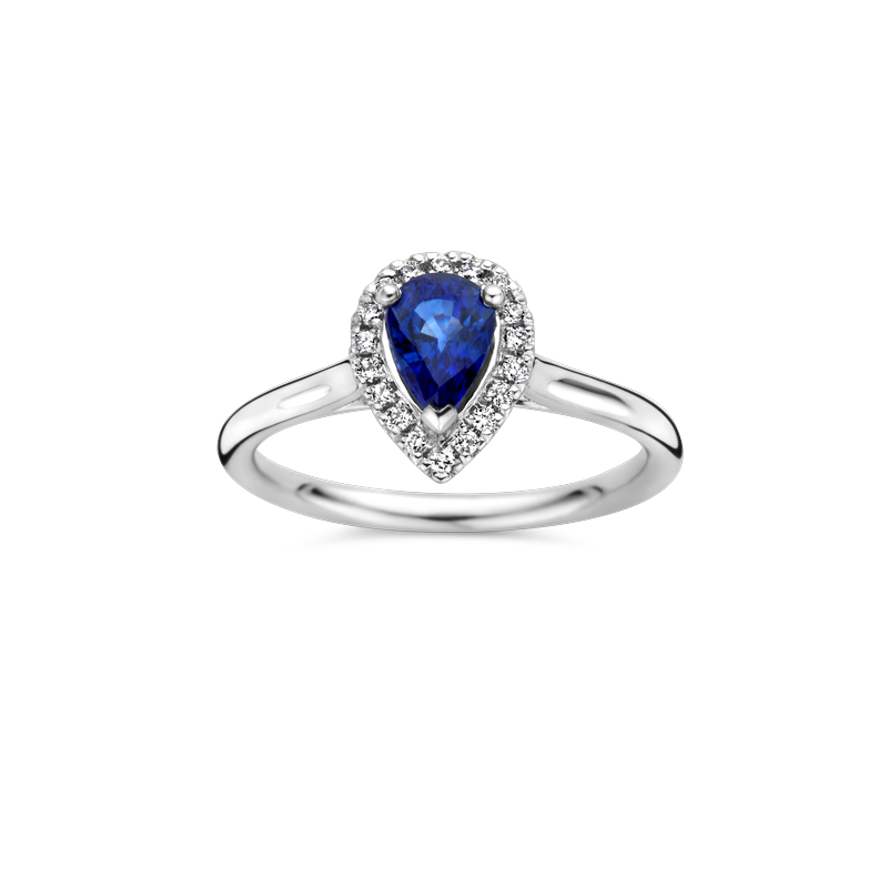 Ring entourage wit goud met Ceylon saffier en diamant